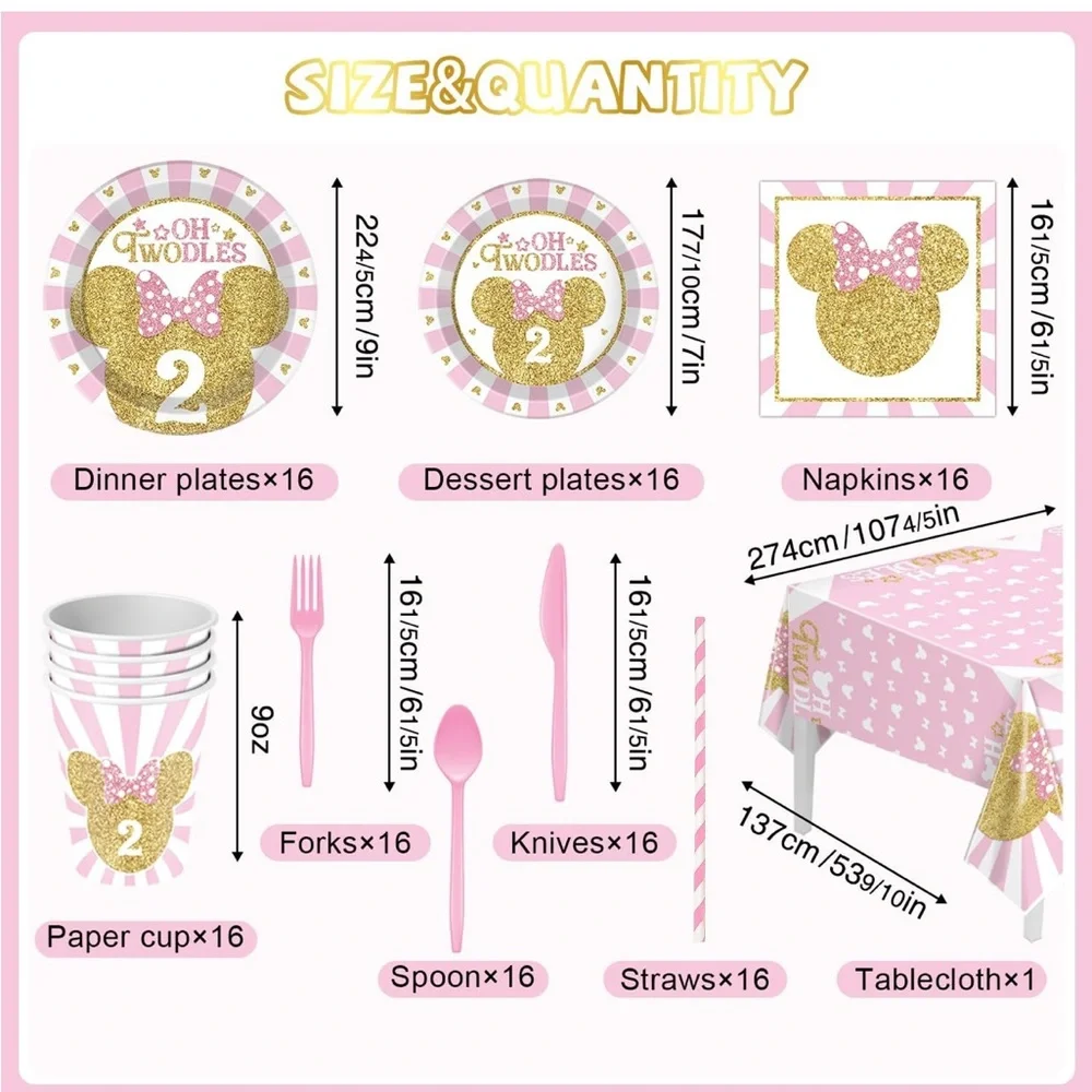 Pink Gold Minnie Mouse Party Supplies for 2 yr old oh twodoles new in package